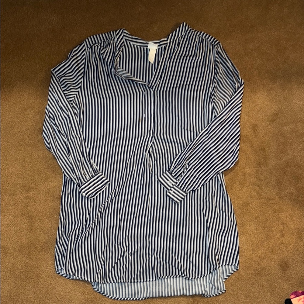 H&M Blue and White Striped Mandarin Collar Tunic